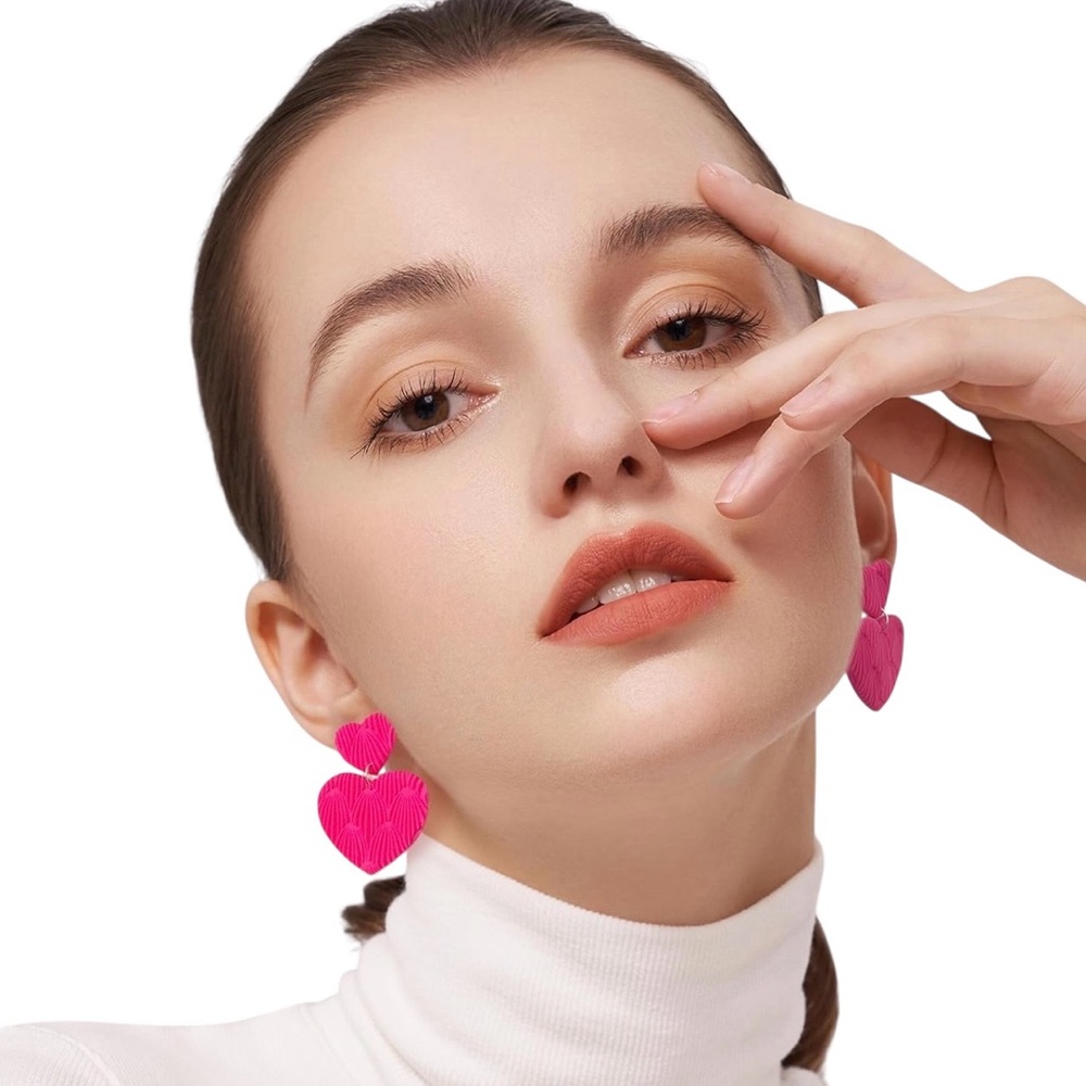 Hot Pink Triple Heart Dangle Earrings Polymer Clay Lightweight Valentine NWT - Picture 2 of 14